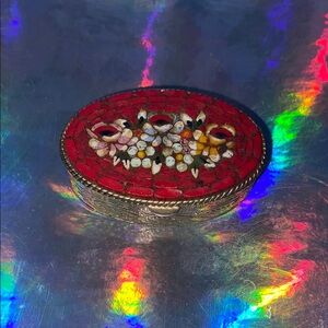 Vintage Ditta Giovanni Apa Italian Red Floral Mosaic Silver Pill Box